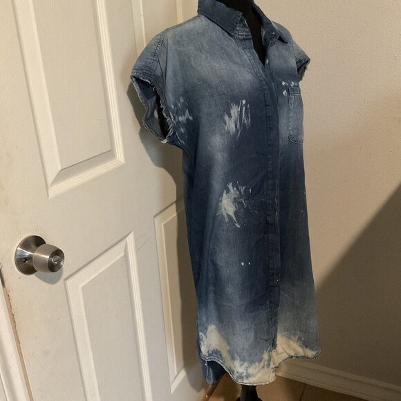 Nsf Bleached Distressed Denim Jean Chambray Button Down Mid Dress Small Western - Picture 2 of 12